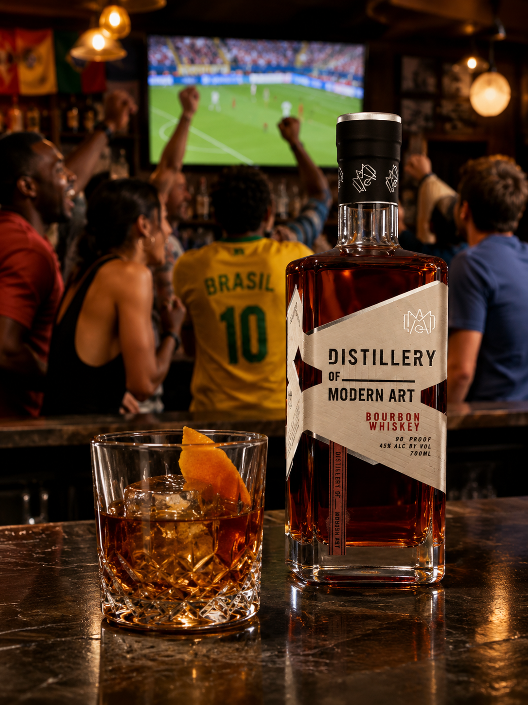 Crowd of people cheering on World Cup game with bottle of DoMA bourbon and old fashioned cocktail on the bar behind them.